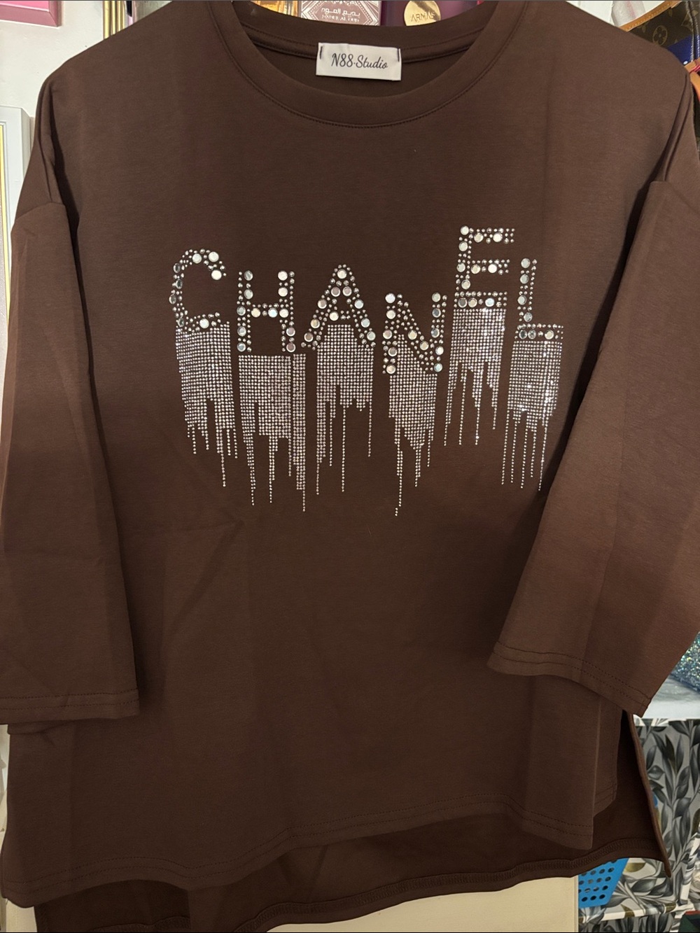 Woman’s  Brown Rhinestone Logo Long Sleeve Top